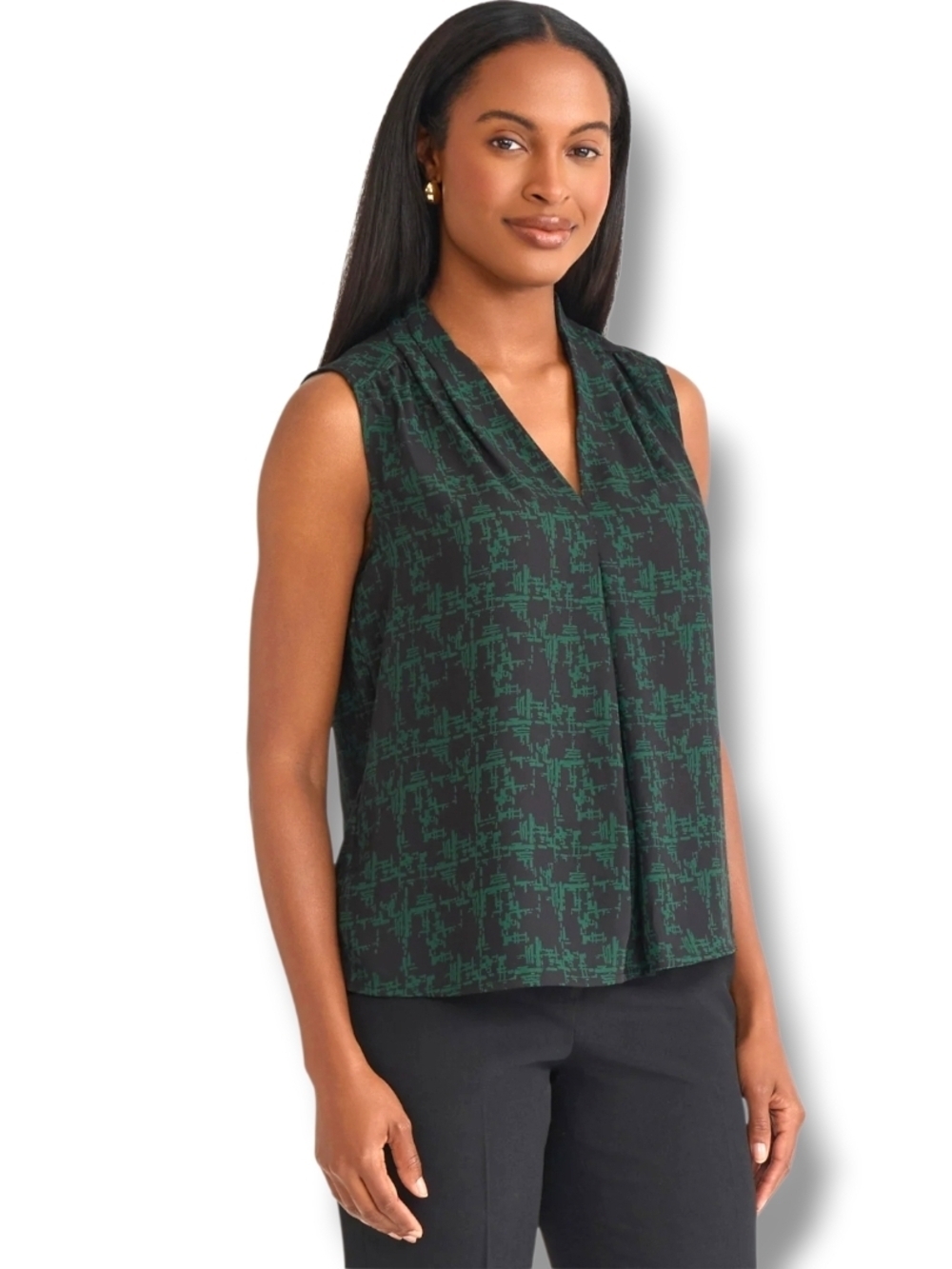 KASPER - PXL Sleeveless V-Neck Printed Shell Top - Green/Black - Picture 3 of 10